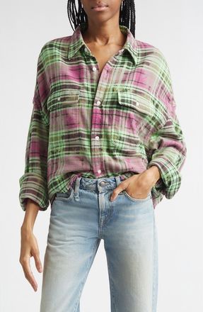 R13 Oversize Fray Hem Plaid Button-Up Crop Work Shirt in Pink Overdyed Green Plaid at Nordstrom, Size X-Small