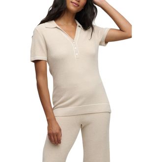 Barefoot Dreams CozyChic Ultra Lite Contrast Stripe Rib Polo in Stone-Pearl at Nordstrom, Size X-Small