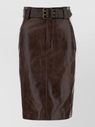 Saint Laurent high waist knee length leather skirt belt
