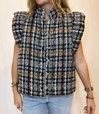 THML Clothing Plaid Tweed Top In Navy