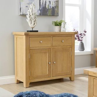 Home Source Industries Melbourne 2 Drawer 2 Doors Sideboard Solid Wooden Cabinet Oak Top in Light Oak