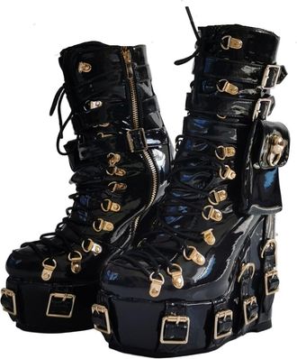 Generic Spicy Girl Halloween Gothic Style Leather Bag Buckle Slope Heel Thick Soled High-heeled Plus Size Womens Short Boots(US14)