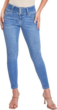 YMI Womens Sustainable Wannabettabutt Mid Rise Skinny Jeans, C08 Sky Blue, 3