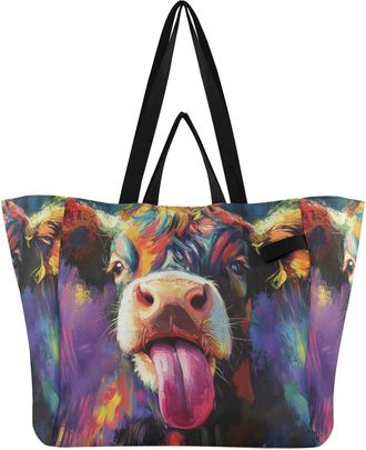 Generic Colorful Cow Tongue pattern Reusable Canvas Tote Bag, Heavy Duty Grocery Shopping Bag with Hard Bottom Large Capacity Double Handles Work Groceries Tr