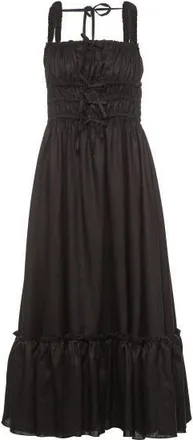 VASILIKI Amara Ruched Midi Linen Dress in Noir Black at Nordstrom, Size Large