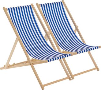 Harbour Housewares 2x Traditional Wooden Deck Chairs - Folding Garden Beach Lounge Chair in Navy