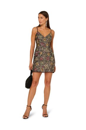 Adrianna Papell Womens Beaded Short Dress - Black - Size 14 UK