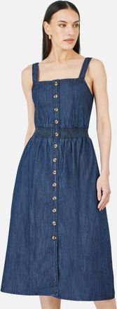 Yumi Chambray Cotton Ruched Midi Sun Dress in Blue at Nordstrom, Size 12