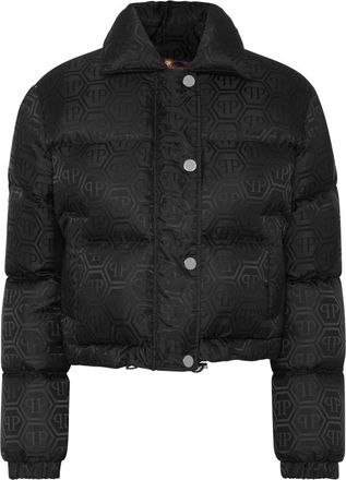 Philipp Plein Nylon Jacquard Cropped Puffer Jacket Monogram - Dames - Gewatteerde jassen - Zwart - XL - Nylon - Jassen