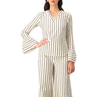 Ivonne Striped V-Neck Oversized Shirt in Natural at Nordstrom, Size 10