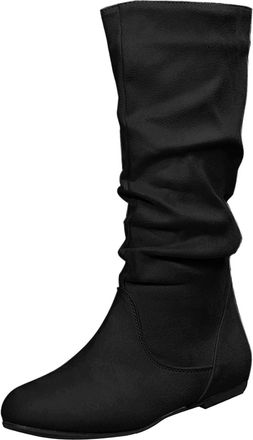 Generic WomenS Knee High Boots, Suede Slouchy Flats, Slip-On Low Heel & Kitten Heel Booties, Suede Pleated British Style Flat Bottom Shoes Wide Calf Thigh Hig