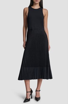 DKNY Mixed Media Pleat Midi Dress in Navy at Nordstrom, Size X-Small