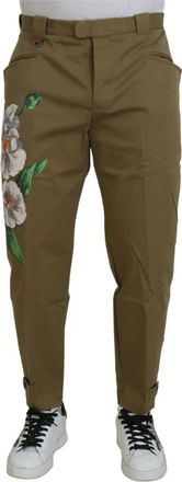 Dolce & Gabbana Beige Bloemen Stretch Chinos Broek - Heren - Slim Fit Broeken - Groen - S - Katoen - Broeken
