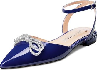 Castamere Women Low Heel Pointed Toe Ankle Strap Flats Shoes Pumps Court Shoe Rhinestone Crystal Prom Party 1 CM Heels Navy Blue 10.5 UK