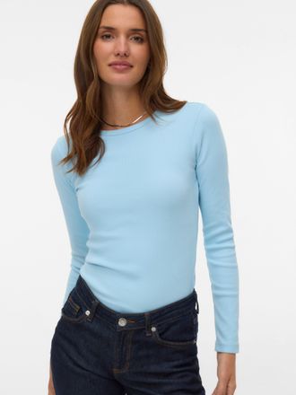 Vero Moda Langarmshirt VERO MODA VMCHLOE LS SHORT TOP JRS NOOS, Damen, Gr. XS, cool blau, Feinripp, Obermaterial: 95% Baumwolle, 5% Elasthan, unifarben, slim fi