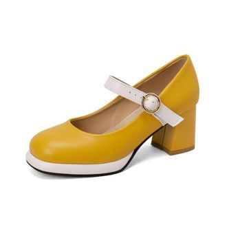 Generic Womens Mary Jane Pumps with Chunky Heel & Ankle-Strap - Comfortable Office Shoes for Work, Daily Wear,Yellow,6.5 UK