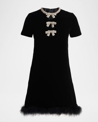 Valentino Garavani Crystal Bow Velvet Mini Dress With Feather Trim
