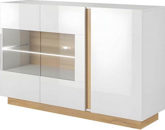 Vente-Unique Aparador MURARI - 3 puertas - Con LEDs - Blanco brillante y roble