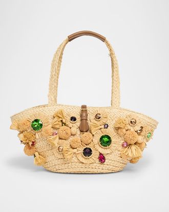 Dolce & Gabbana Floral Embellished Raffia Tote Bag