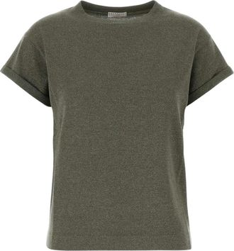 Brunello Cucinelli M41810000 T-shirt met korte mouwen - Dames - Ronde hals truien - Groen - L - Kasjmier - Truien & Vesten