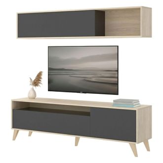 Dmora Dmora - Mueble Tv Dmillic, Conjunto De Sal&oacute;n Mueble Tv, Mueble Sal&oacute;n Multiusos, 180x41h180 Cm, Antracita Y Roble Nodi