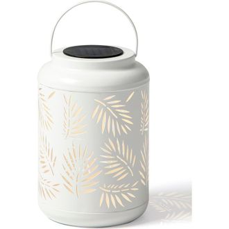 Glitzhome Metal Cutout Leaf Solar Powered Outdoor Hanging Lantern with LED Light in White at Nordstrom, Size Medium