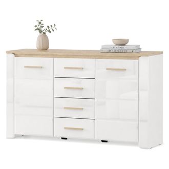 Dmora Aparador Barone, Alacena 4 Cajones, 3 Estantes, Puerta Batiente, Corredera, 154x41x88h Cm Blanco