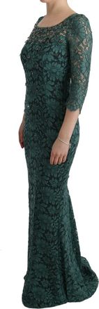 Dolce & Gabbana Womens Green Floral Crystal Ricamo Sheath Dress Cotton