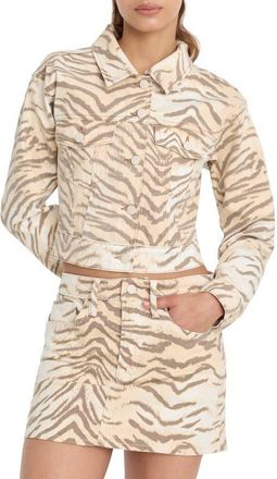 Good American Essential Crop Organic Cotton Denim Jacket in Brown Tiger at Nordstrom, Size X-Small