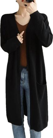 Generic Womens Open Front Maxi Long Knitted Cardigan Long Sleeve Solid Color Sweater Coats Office Elegant Outerwear Black