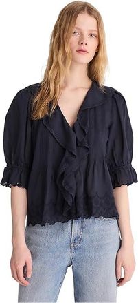 Madewell Ruffled Puff-Sleeve Top Womens Clothing Classic Navy : LG (Womens 10-12), Cotton/Viscose
