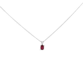 House of Brilliance 14K White Gold 6x4MM Oval Shaped Red Ruby Solitaire Pendant Necklace