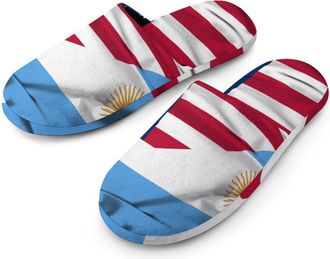 Generic Waving Flag of Argentina And U.S.A Flannel Mens Slip-on Slippers Winter Warm House Shoes with Rubber Sole for Home Hotel