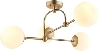 Loops Antique Brass Multi Arm Ceiling Light & Opal Glass Shade 4 Bulb Hanging Pendant