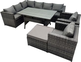 Fimous Fimous Outdoor PE Rattan Sofa Set with Dining Table Patio Garden Furniture Sets with 2 Chairs Big Stool Dark Grey Mixed