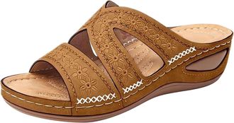 Generic Womens Sandals Wedges Leather Retro Embroidered Summer Open Toe Slip On Elegant Chic Orthopedic Comfortable Lightweight Outdoor Beach Casual Sandals, 