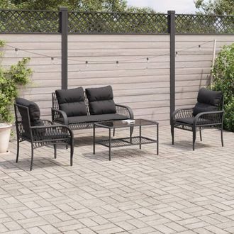vidaXL Juego De Sof&aacute;s Jard&iacute;n 4 Pzas Con Cojines Rat&aacute;n Sint&eacute;tico Negro Vidaxl