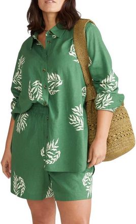 Universal Standard Dawn High/Low Linen Blend Shirt in Fern Dot Print In Green at Nordstrom, Size 2Xl