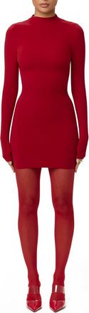 Naked Wardrobe Long Sleeve Mock Neck Minidress in Ruby Red at Nordstrom, Size X-Small