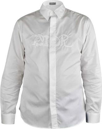Dior Logo Geborduurd Overhemd - Heren - Zakelijke Overhemden - Wit - 2XL - Katoen - Overhemden