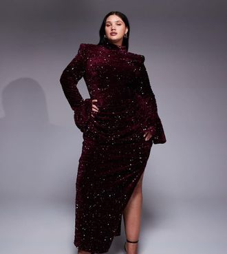 Asos Curve - Vestito lungo in velluto bordeaux con paillettes e vita drappeggiata-Rosso