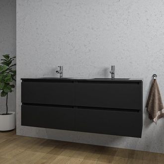 Saniclass Chaci Badkamermeubelset - 140x46x55cm - keramische wastafel zwart - 2 wasbakken - 2 kraangaten - 4 lades - mat zwart