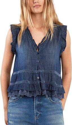 BILLY T Lovesick Flounce Sleeveless Denim Top in Flounce Denim at Nordstrom, Size X-Large
