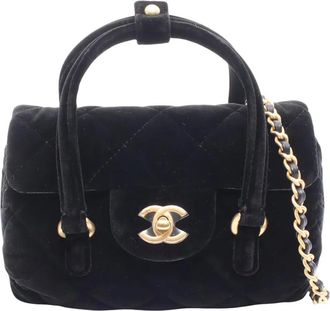 Chanel Borsa a tracolla CC mini in velluto trapuntato con battente e manico 2021-2025 - Nero