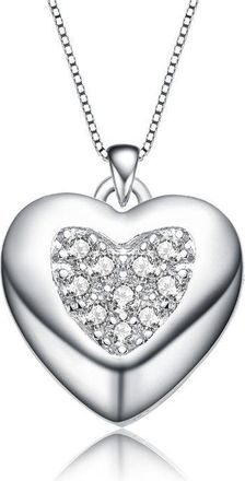 Rachel Glauber White Gold Plated with Clear Cubic Zirconia French Pave Heart Pendant Necklace