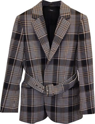 Theory Becket Belted Checked Blazer in Brown Polyester and Wool