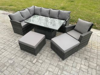 Fimous Outdoor Garden Furniture Set Wicker PE Rattan Height Adjustable Rising Lifting Table Sofa Dining Set with 2 Big Footstool Armchair in Dark Grey