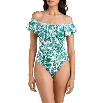 La Blanca Botanical Brocade Ruffle Off the Shoulder One-Piece Swimsuit in Jungle at Nordstrom, Size 16