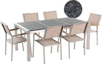 Beliani 6 Seater Garden Dining Set Triple Black Flamed Granite Top Beige Chairs Grosseto