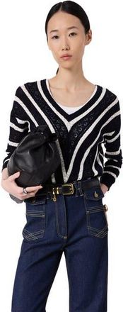 Gerard Darel Loretta V-Neck Long Sleeve Knitted Top in Navy Blue at Nordstrom, Size X-Large